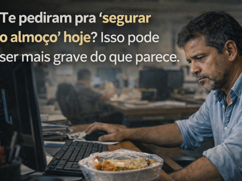 Homem brasileiro sentado em uma mesa de escritório, com expressão cansada, olhando para o computador enquanto uma marmita permanece fechada ao lado do teclado.