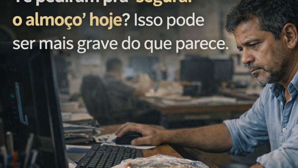 Homem brasileiro sentado em uma mesa de escritório, com expressão cansada, olhando para o computador enquanto uma marmita permanece fechada ao lado do teclado.