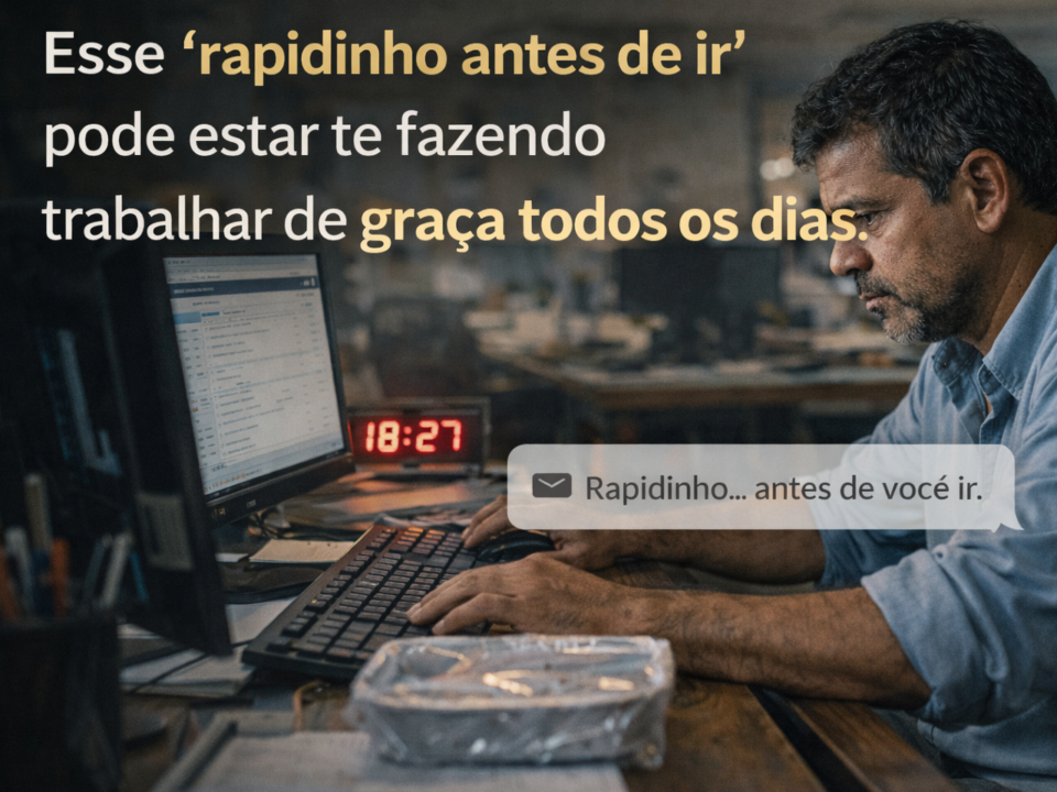 Homem brasileiro trabalhando no computador após o horário, com expressão cansada, enquanto um relógio marca 18:27 e uma mensagem pede para ele fazer algo antes de ir embora.