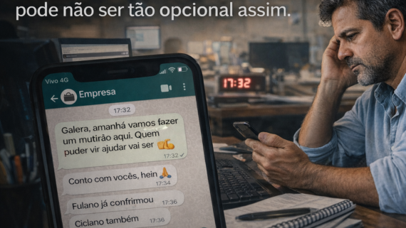 Homem brasileiro sentado no escritório olhando para o celular com expressão pensativa, enquanto mensagens de grupo da empresa pedem ajuda para trabalhar no dia seguinte.