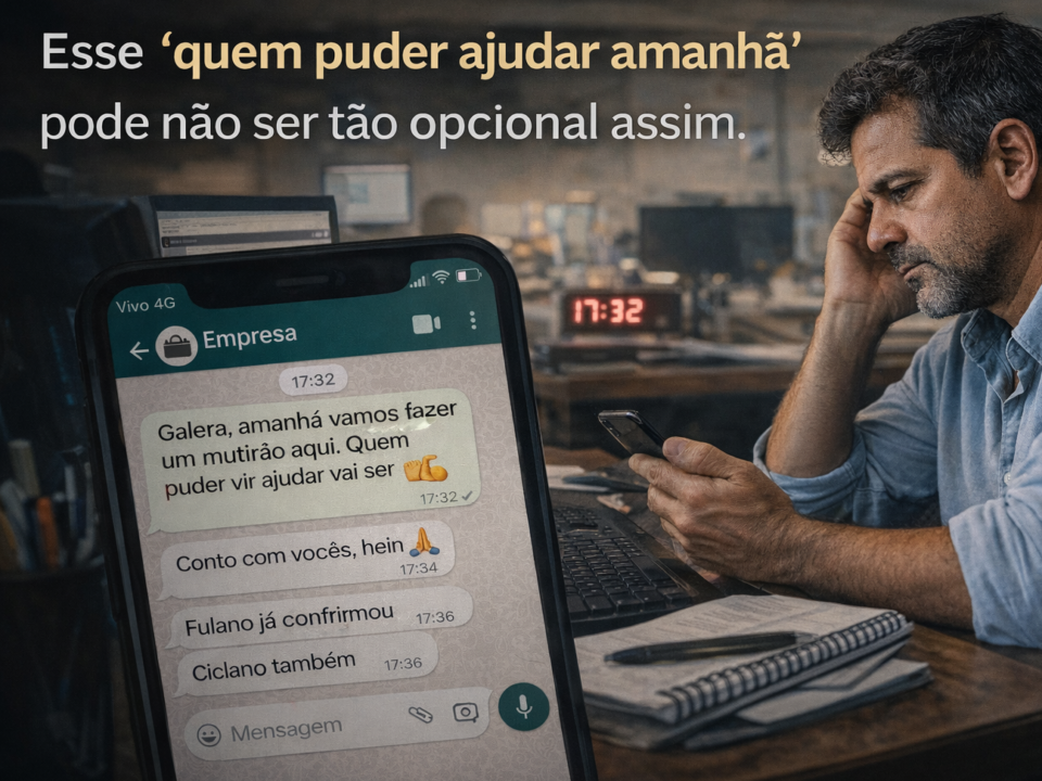Homem brasileiro sentado no escritório olhando para o celular com expressão pensativa, enquanto mensagens de grupo da empresa pedem ajuda para trabalhar no dia seguinte.