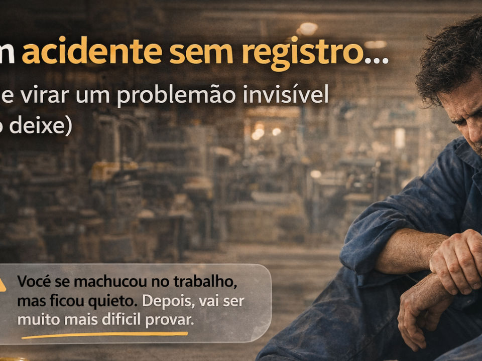 Trabalhador brasileiro sentado no chão de um ambiente industrial, segurando o braço com expressão de dor, enquanto equipamentos e capacete estão ao redor.