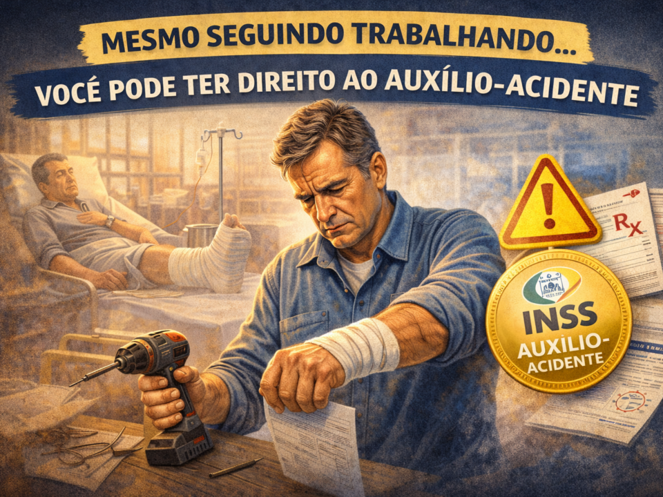 Trabalhador com braço lesionado tentando exercer atividade manual enquanto analisa documentos, com elementos que representam acidente e benefício do INSS