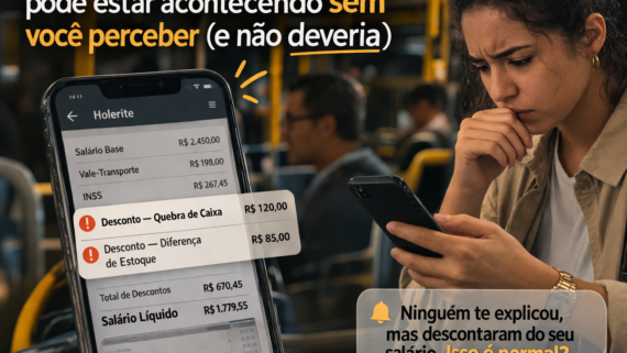 Mulher brasileira dentro de um ônibus olhando para o celular com expressão de dúvida, enquanto visualiza descontos no holerite como quebra de caixa e diferença de estoque.