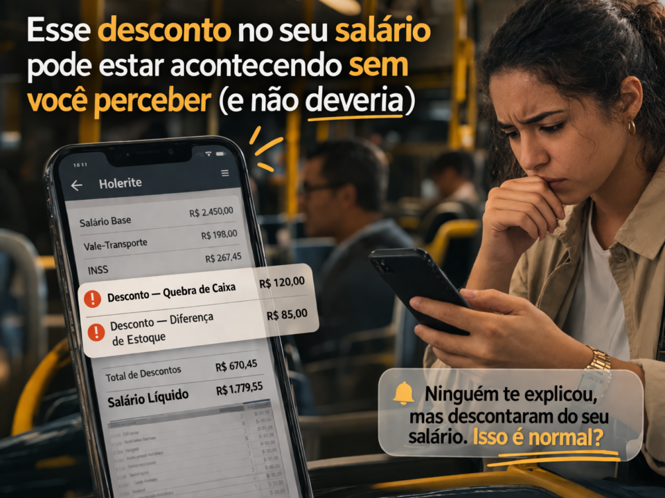 Mulher brasileira dentro de um ônibus olhando para o celular com expressão de dúvida, enquanto visualiza descontos no holerite como quebra de caixa e diferença de estoque.