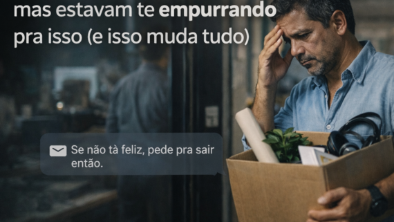 Homem brasileiro de meia-idade, com expressão cansada, segura uma caixa com objetos pessoais ao sair do trabalho, enquanto leva a mão à testa em sinal de tensão e desgaste emocional.