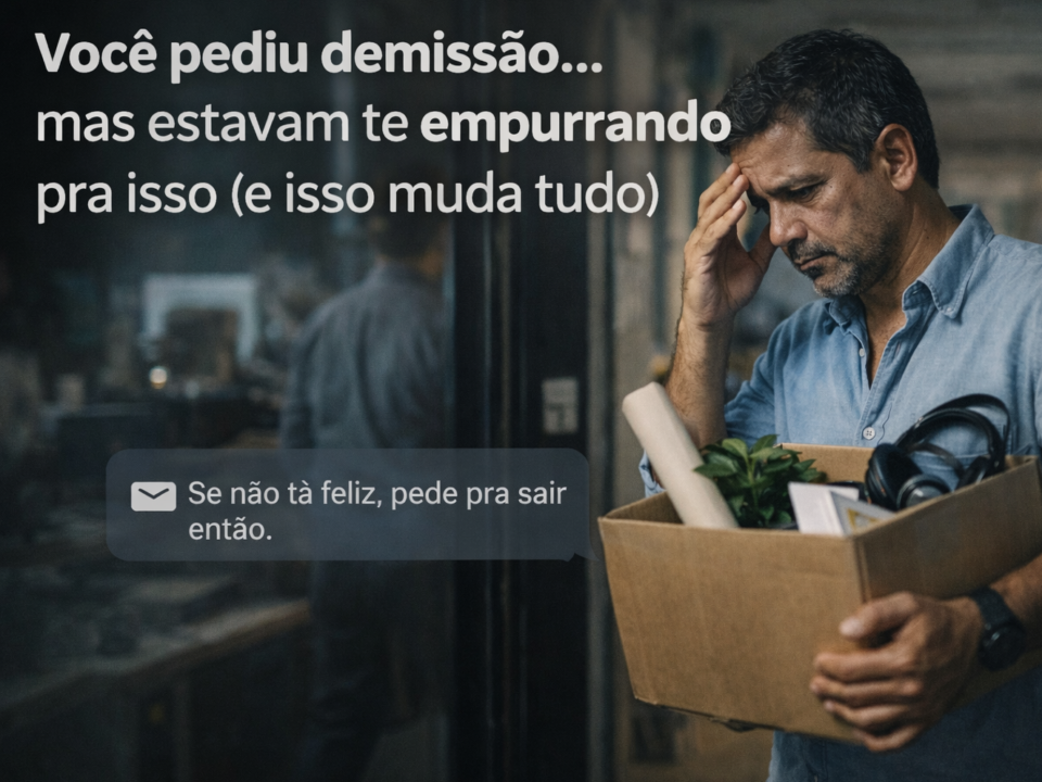 Homem brasileiro de meia-idade, com expressão cansada, segura uma caixa com objetos pessoais ao sair do trabalho, enquanto leva a mão à testa em sinal de tensão e desgaste emocional.
