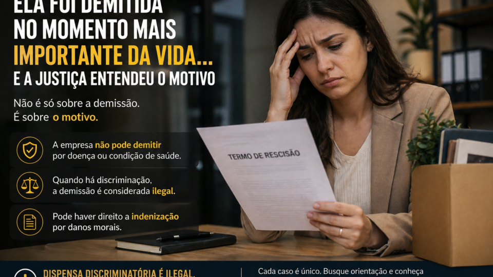 Mulher trabalhadora sentada em ambiente simples, segurando documentos médicos enquanto observa uma mensagem de demissão no celular, com expressão de choque e preocupação.