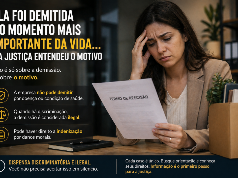 Mulher trabalhadora sentada em ambiente simples, segurando documentos médicos enquanto observa uma mensagem de demissão no celular, com expressão de choque e preocupação.