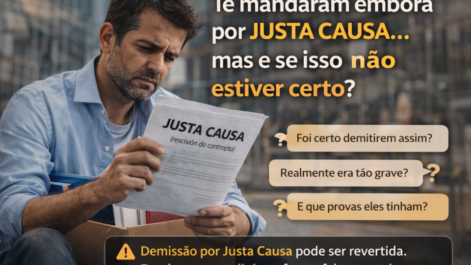 Homem brasileiro sentado na rua, segurando um documento de demissão por justa causa, com expressão preocupada enquanto analisa o papel.