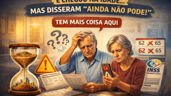 Casal idoso analisando documentos e celular com expressão de dúvida sobre aposentadoria, ao lado de ampulheta e símbolos que representam idade e tempo de contribuição