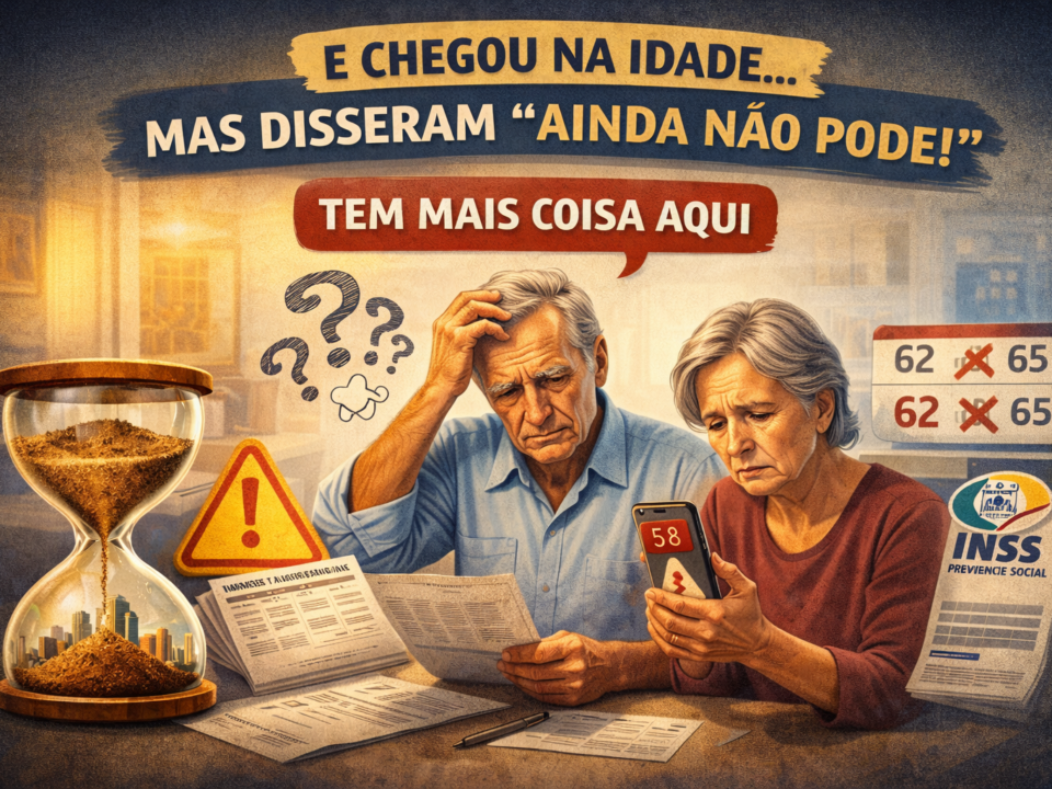 Casal idoso analisando documentos e celular com expressão de dúvida sobre aposentadoria, ao lado de ampulheta e símbolos que representam idade e tempo de contribuição