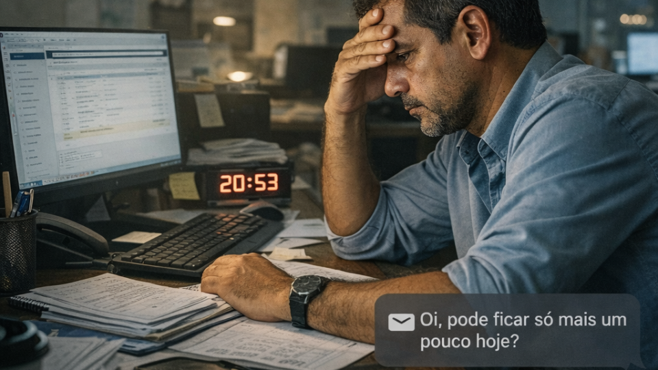 Trabalhador olhando o celular fora do horário de trabalho, respondendo mensagem do chefe em grupo de WhatsApp da empresa antes do expediente, representando trabalho fora do horário e horas extras não pagas