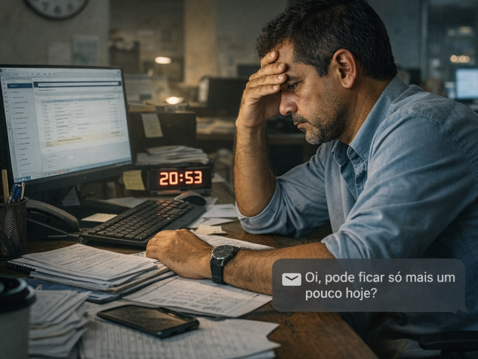 Trabalhador olhando o celular fora do horário de trabalho, respondendo mensagem do chefe em grupo de WhatsApp da empresa antes do expediente, representando trabalho fora do horário e horas extras não pagas