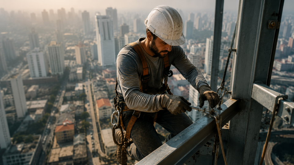 Trabalhador equipado com capacete, cinto de segurança e ferramentas realiza manutenção em estrutura metálica em grande altura, com a cidade desfocada ao fundo.