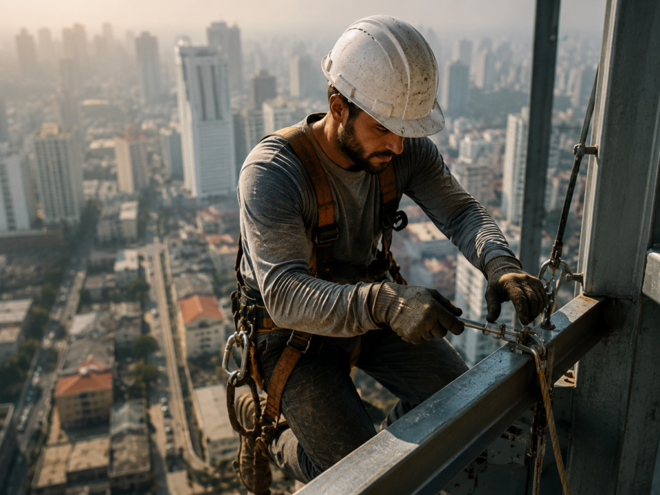 Trabalhador equipado com capacete, cinto de segurança e ferramentas realiza manutenção em estrutura metálica em grande altura, com a cidade desfocada ao fundo.