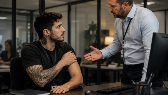 Funcionário com tatuagens aparentes e piercing conversa com supervisor em escritório moderno, enquanto o gestor aponta de forma séria durante uma discussão sobre aparência no ambiente de trabalho.