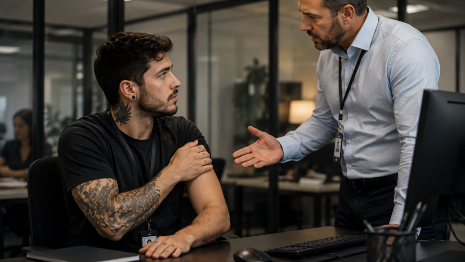 Funcionário com tatuagens aparentes e piercing conversa com supervisor em escritório moderno, enquanto o gestor aponta de forma séria durante uma discussão sobre aparência no ambiente de trabalho.