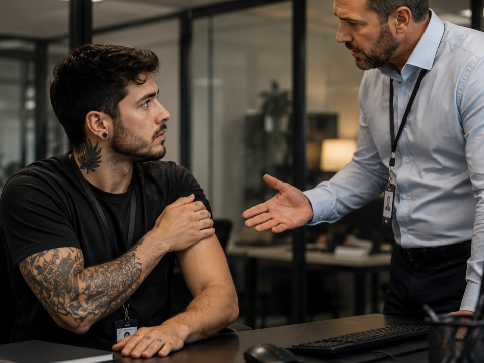 Funcionário com tatuagens aparentes e piercing conversa com supervisor em escritório moderno, enquanto o gestor aponta de forma séria durante uma discussão sobre aparência no ambiente de trabalho.