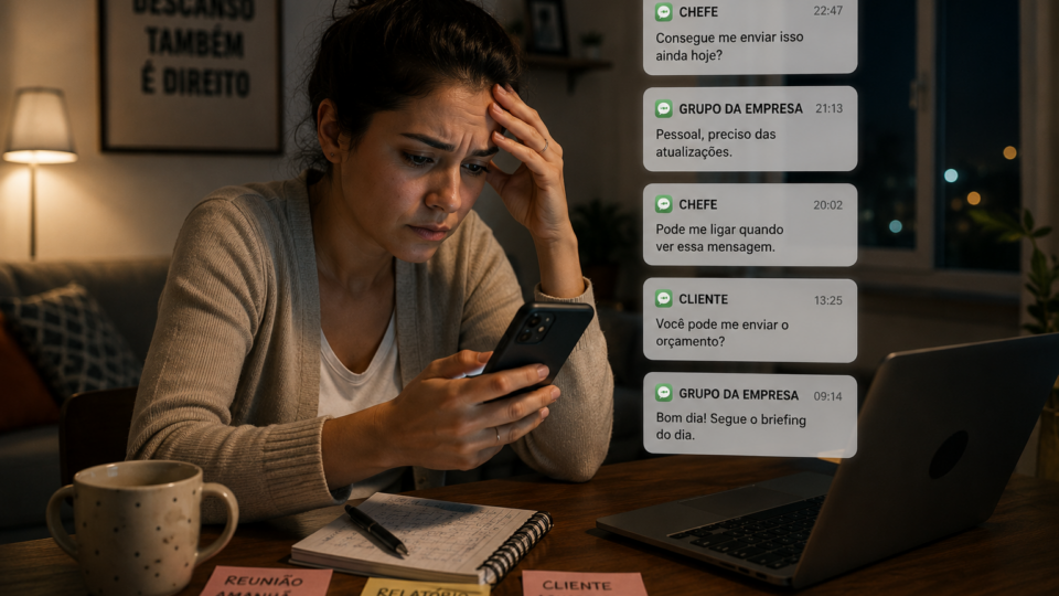 Mulher sentada no sofá de casa à noite segura o próprio celular enquanto recebe várias mensagens de trabalho, com expressão de cansaço e preocupação.