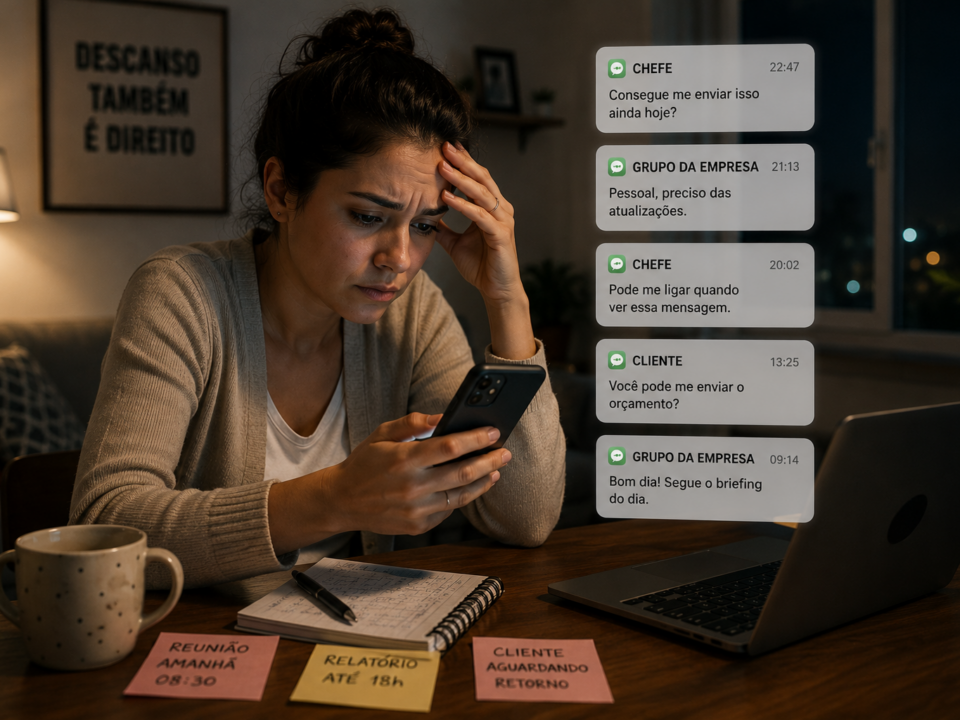 Mulher sentada no sofá de casa à noite segura o próprio celular enquanto recebe várias mensagens de trabalho, com expressão de cansaço e preocupação.