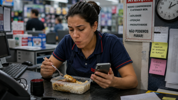 Funcionária almoça rapidamente no balcão do trabalho enquanto segura o celular e permanece cercada por avisos, computador e ambiente movimentado.