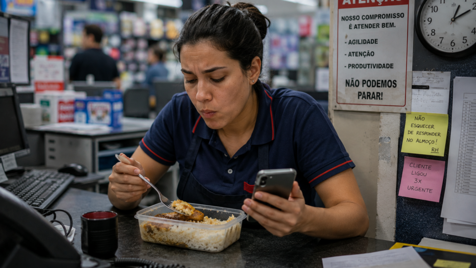 Funcionária almoça rapidamente no balcão do trabalho enquanto segura o celular e permanece cercada por avisos, computador e ambiente movimentado.