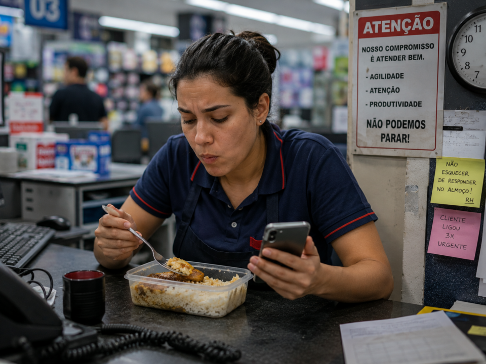Funcionária almoça rapidamente no balcão do trabalho enquanto segura o celular e permanece cercada por avisos, computador e ambiente movimentado.