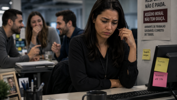 Mulher sentada sozinha em escritório demonstra tristeza e desconforto enquanto colegas ao fundo riem e conversam, sugerindo ambiente de humilhação e exclusão.