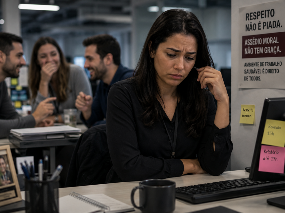 Mulher sentada sozinha em escritório demonstra tristeza e desconforto enquanto colegas ao fundo riem e conversam, sugerindo ambiente de humilhação e exclusão.