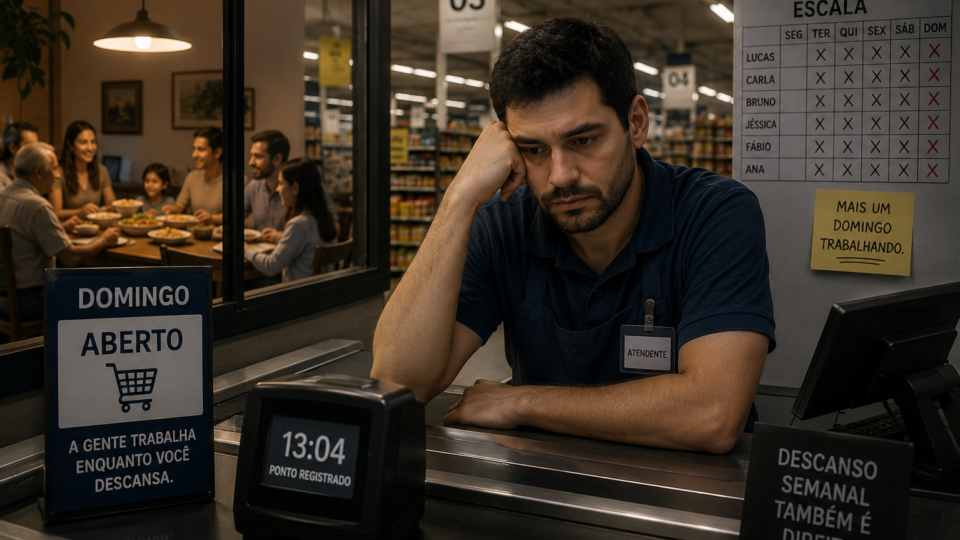 Funcionário de supermercado trabalha sozinho no caixa em um domingo, observando ao fundo uma família reunida enquanto permanece no expediente com expressão cansada.