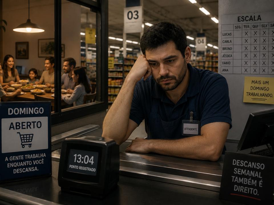 Funcionário de supermercado trabalha sozinho no caixa em um domingo, observando ao fundo uma família reunida enquanto permanece no expediente com expressão cansada.