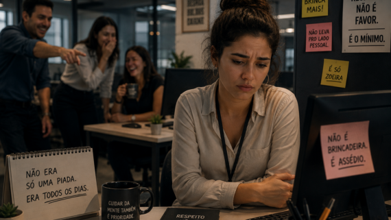 Mulher sentada sozinha no escritório após ouvir comentários ofensivos no ambiente de trabalho, demonstrando tristeza e desgaste emocional enquanto colegas conversam ao fundo.