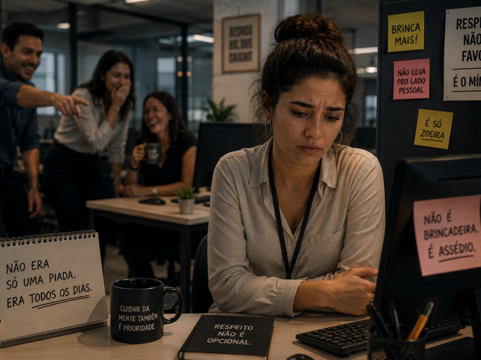 Mulher sentada sozinha no escritório após ouvir comentários ofensivos no ambiente de trabalho, demonstrando tristeza e desgaste emocional enquanto colegas conversam ao fundo.