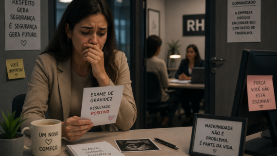 Mulher grávida emocionalmente abalada segura exame positivo enquanto está sentada em frente ao setor de RH após receber comunicado de demissão.