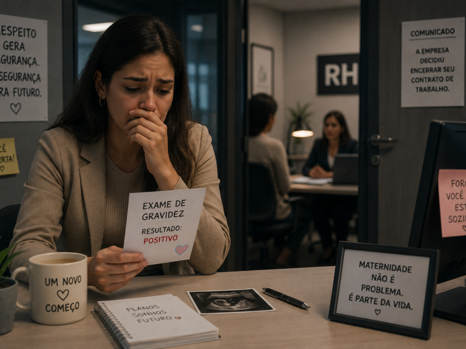 Mulher grávida emocionalmente abalada segura exame positivo enquanto está sentada em frente ao setor de RH após receber comunicado de demissão.