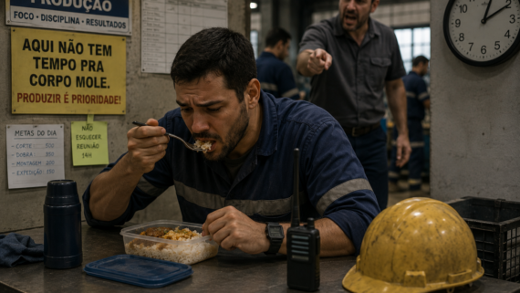Trabalhador em ambiente industrial faz uma refeição rápida ao lado de máquinas e equipamentos, enquanto observa o rádio comunicador com expressão cansada e apressada.