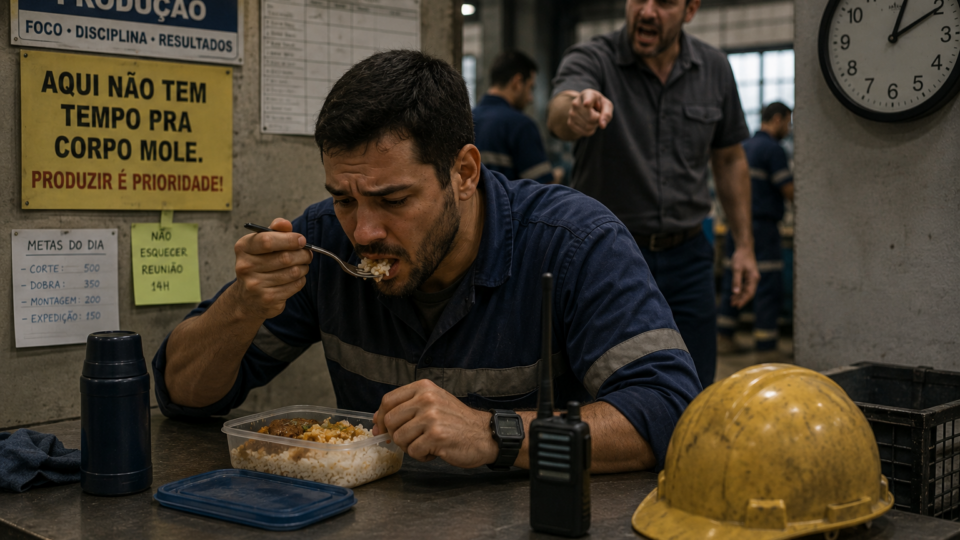 Trabalhador em ambiente industrial faz uma refeição rápida ao lado de máquinas e equipamentos, enquanto observa o rádio comunicador com expressão cansada e apressada.