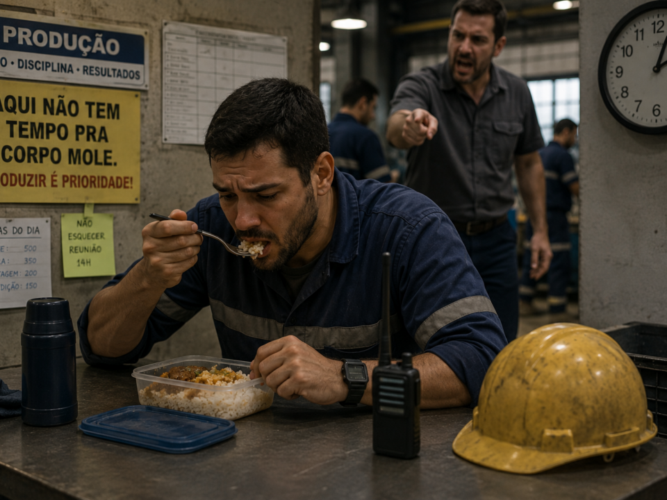 Trabalhador em ambiente industrial faz uma refeição rápida ao lado de máquinas e equipamentos, enquanto observa o rádio comunicador com expressão cansada e apressada.