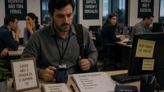 Homem retorna ao escritório após afastamento por doença e permanece sentado sozinho à mesa, demonstrando insegurança e desconforto enquanto colegas observam ao fundo.