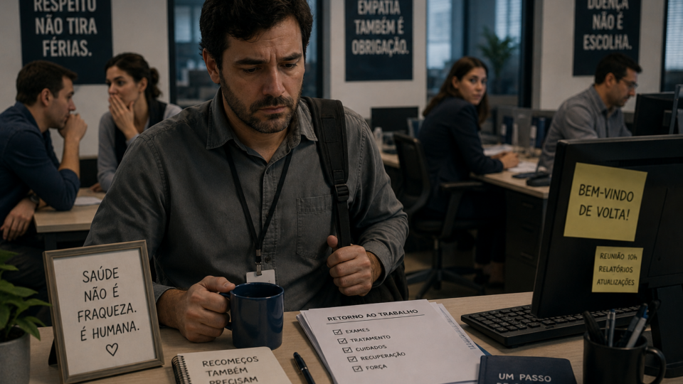 Homem retorna ao escritório após afastamento por doença e permanece sentado sozinho à mesa, demonstrando insegurança e desconforto enquanto colegas observam ao fundo.