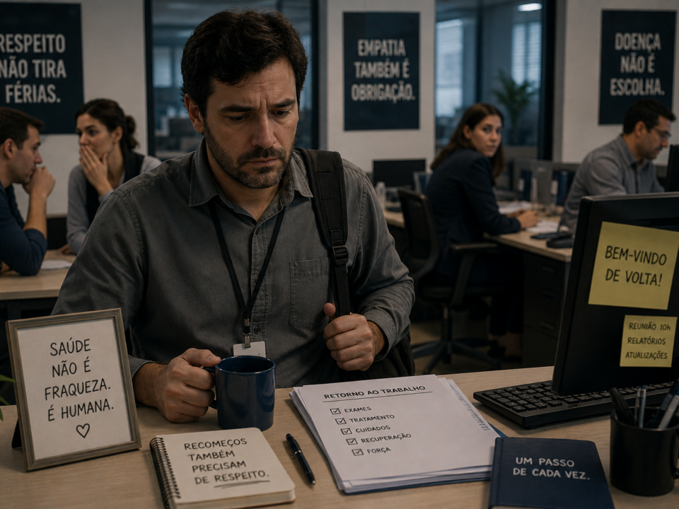 Homem retorna ao escritório após afastamento por doença e permanece sentado sozinho à mesa, demonstrando insegurança e desconforto enquanto colegas observam ao fundo.