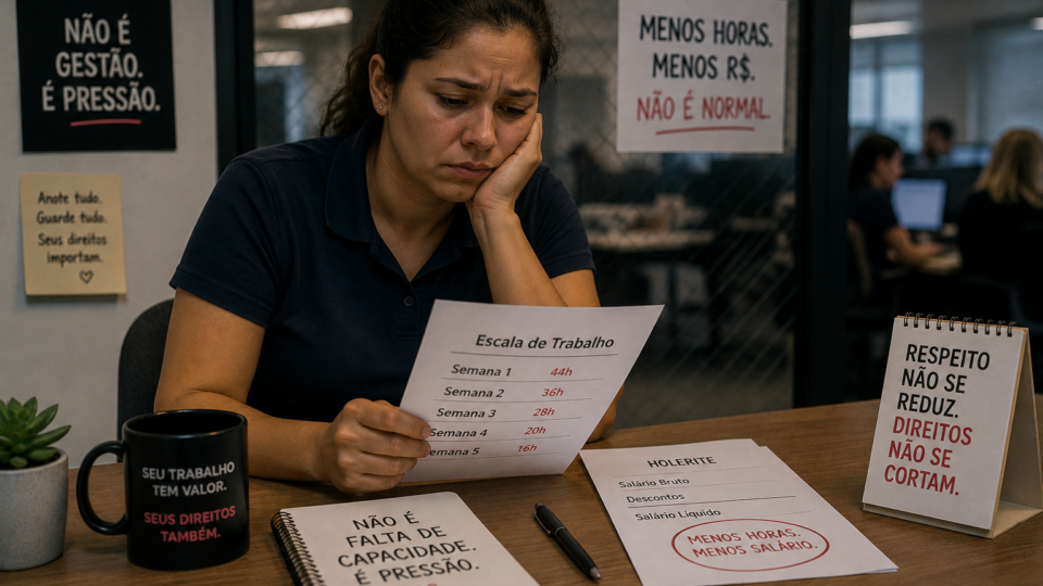 Funcionária sentada em mesa de escritório analisando uma escala de trabalho com redução de horas e salário, demonstrando preocupação e desgaste emocional em ambiente corporativo.