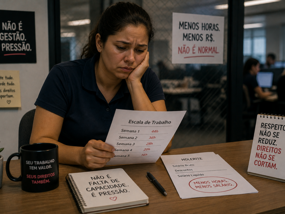Funcionária sentada em mesa de escritório analisando uma escala de trabalho com redução de horas e salário, demonstrando preocupação e desgaste emocional em ambiente corporativo.