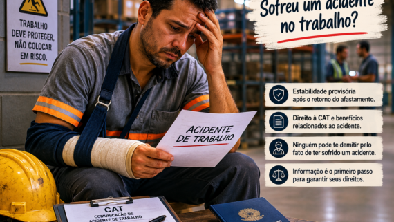 Trabalhador com braço imobilizado e expressão preocupada sentado em ambiente industrial, segurando documentos de acidente de trabalho enquanto observa informações sobre direitos trabalhistas e afastamento.