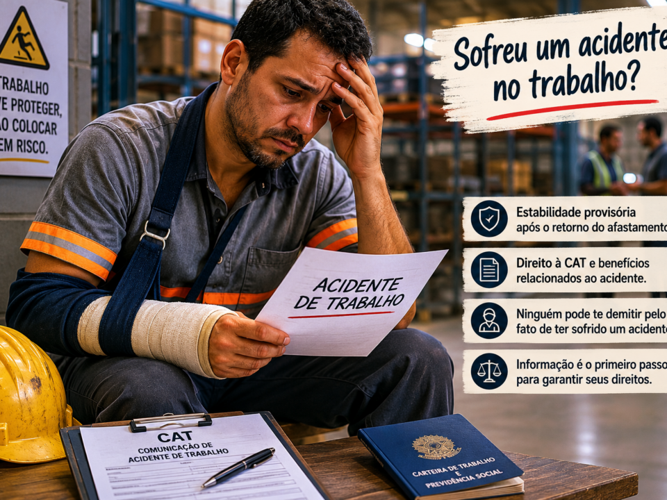 Trabalhador com braço imobilizado e expressão preocupada sentado em ambiente industrial, segurando documentos de acidente de trabalho enquanto observa informações sobre direitos trabalhistas e afastamento.