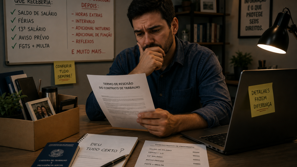 Homem recém-demitido sentado sozinho em casa analisa documentos trabalhistas sobre a mesa enquanto demonstra dúvida e preocupação ao revisar valores da rescisão.