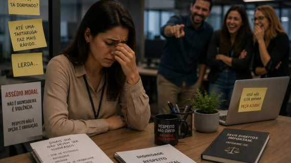 Funcionária sentada em escritório demonstra sofrimento emocional enquanto colegas riem ao fundo, em um ambiente que transmite humilhação e pressão psicológica no trabalho.
