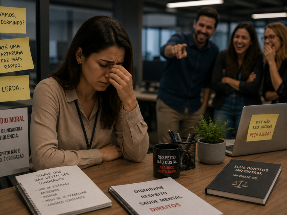 Funcionária sentada em escritório demonstra sofrimento emocional enquanto colegas riem ao fundo, em um ambiente que transmite humilhação e pressão psicológica no trabalho.