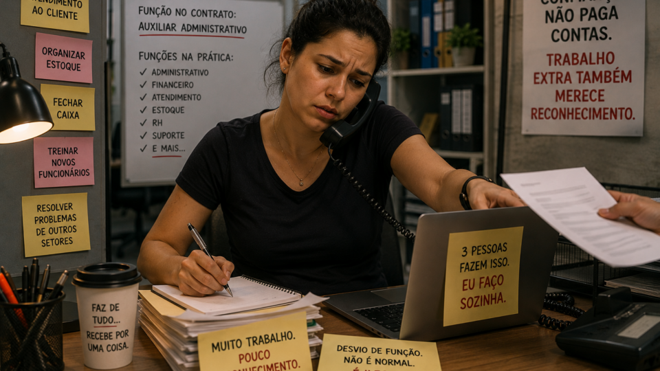 Mulher sobrecarregada trabalhando em escritório, atendendo telefone e executando múltiplas tarefas ao mesmo tempo, cercada por papéis, bilhetes e mensagens que representam acúmulo e desvio de função no ambiente de trabalho.